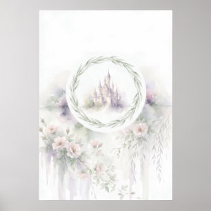 Pastel Fairytale Castle Willow Floral Wreath Art Poster