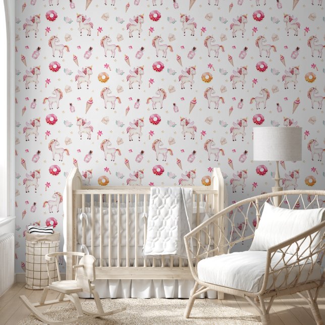 Pastel Fairytale Pink Unicorn Pattern Kids Room Wallpaper (Kids)