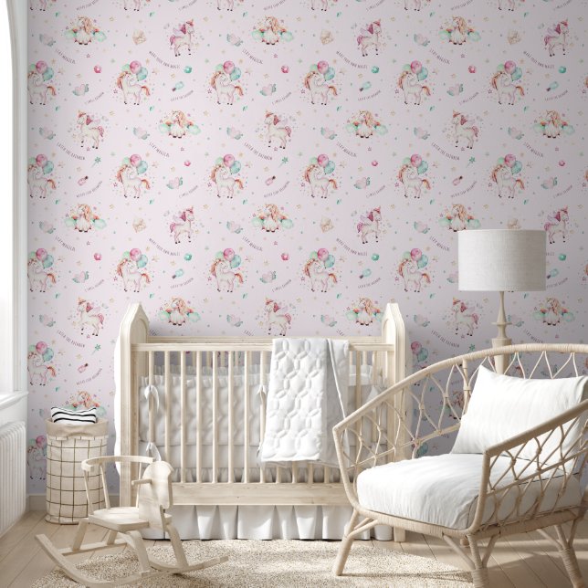 Pastel Fairytale Pink Unicorn Pattern Kids Room Wallpaper (Kids)