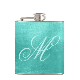 Pastel Fancy Monogram Shiny Turquoise Foil Hip Flask