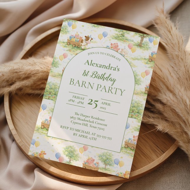 Pastel Farm Animals Barn Party 1st Birthday Invitation (Creator Uploaded)