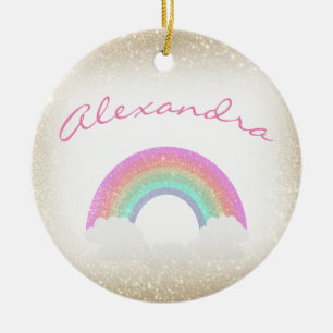 Pastel Faux Glitter Rainbow with Custom Name Ceramic Tree Decoration