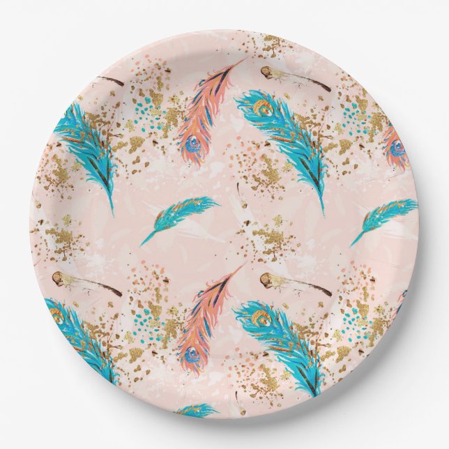 Pastel Feathers Pink Teal Blue Gold Paper Plate (Front)