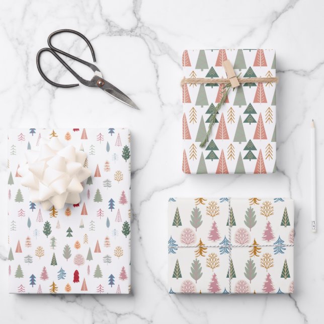 pastel fir tree holiday wrapping paper sheets (Front)