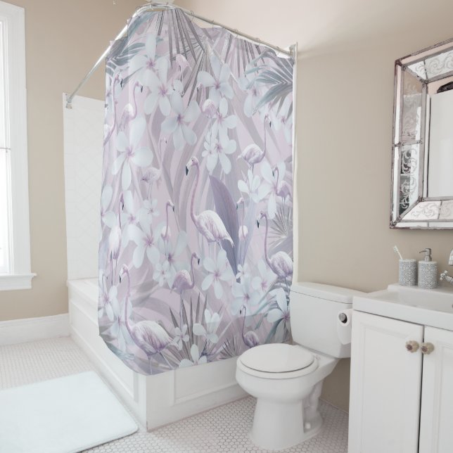 Pastel Flamingo Jungle Love 4 #art #tropical Shower Curtain (In Situ)