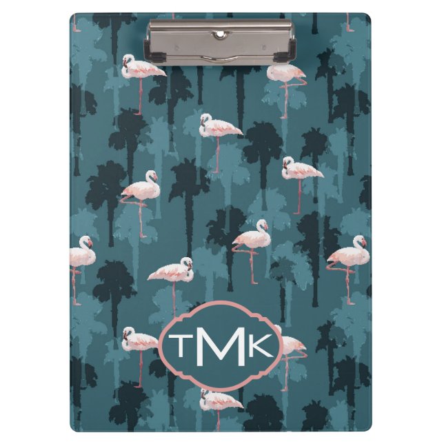 Pastel Flamingos On Teal | Monogram Clipboard (Front)