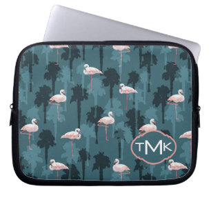 Pastel Flamingos On Teal   Monogram Laptop Sleeve