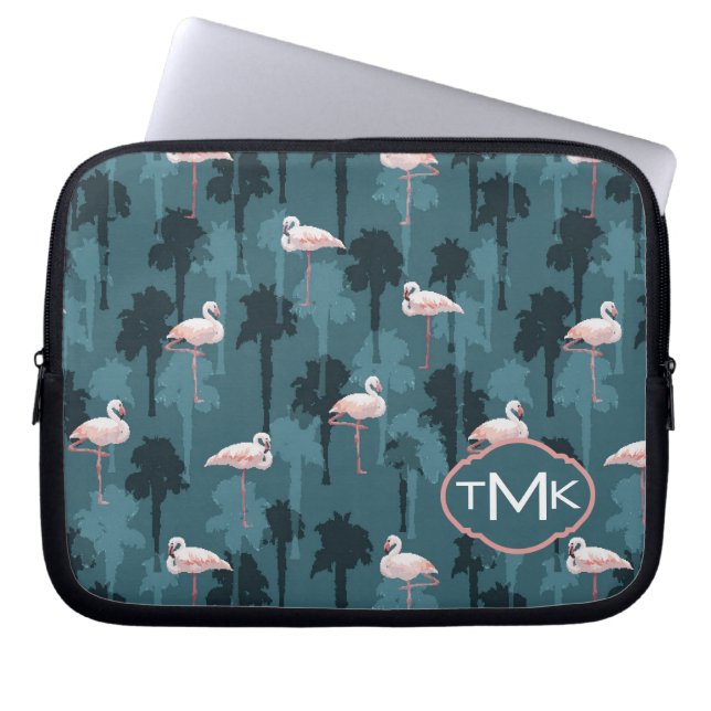 Pastel Flamingos On Teal | Monogram Laptop Sleeve (Front)