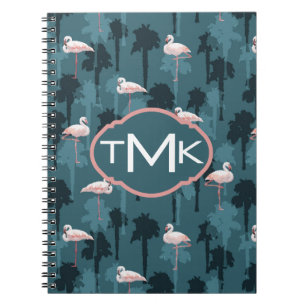 Pastel Flamingos On Teal Monogram Notebook