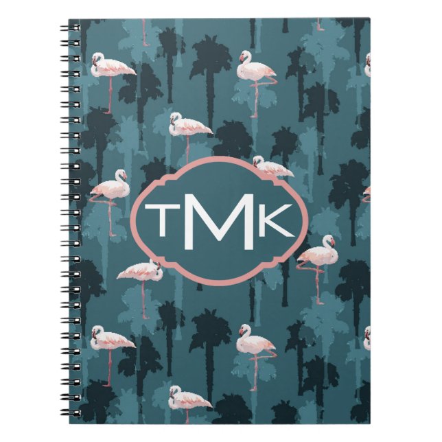 Pastel Flamingos On Teal | Monogram Notebook (Front)