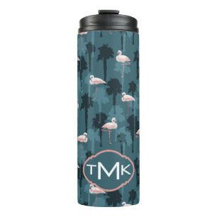 Pastel Flamingos On Teal Monogram Thermal Tumbler