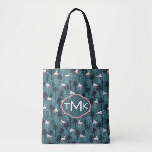 Pastel Flamingos On Teal Monogram Tote Bag