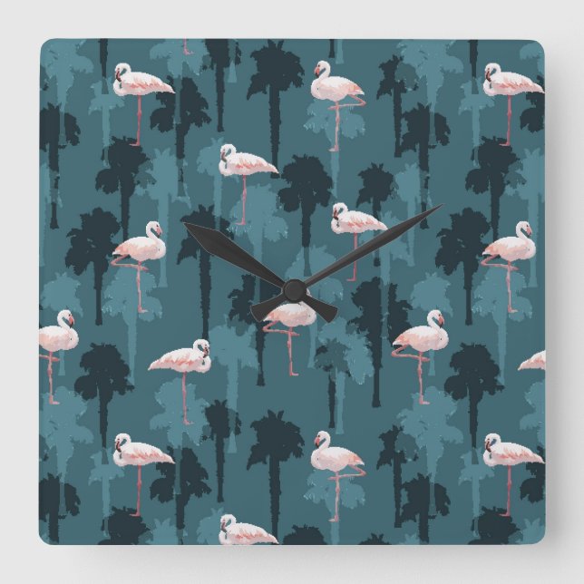 Pastel Flamingos On Teal Square Wall Clock (Front)