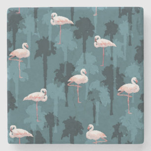 Pastel Flamingos On Teal Stone Coaster