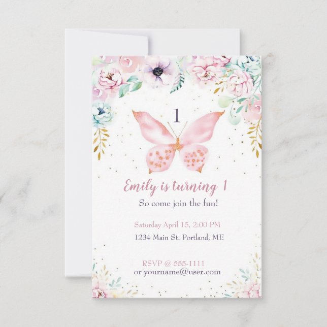 Pastel floral and butterfly baby birthday party  invitation (Front)