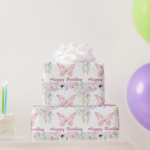 Pastel floral and butterfly baby birthday wrapping paper