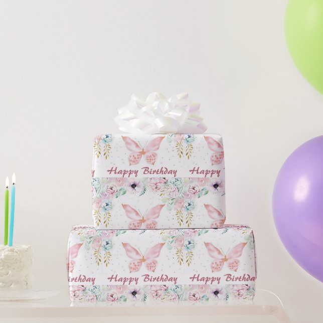 Pastel floral and butterfly baby birthday wrapping paper (Party Gifts)