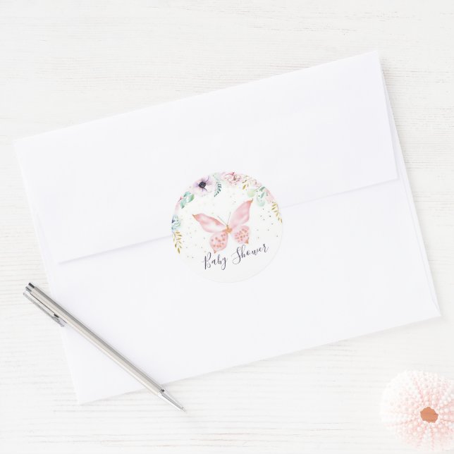 Pastel floral and butterfly baby shower  classic r classic round sticker (Envelope)