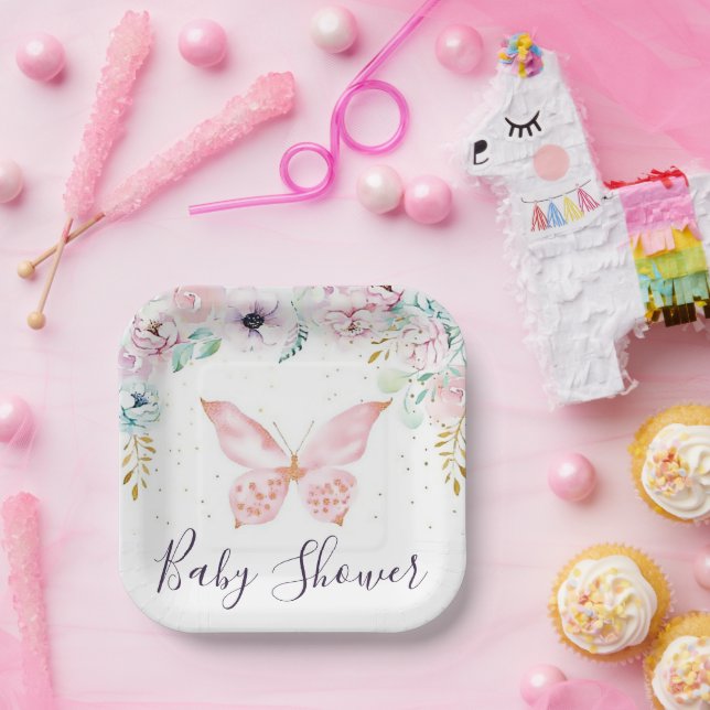 Pastel floral and butterfly baby shower  paper pla plate (Party)