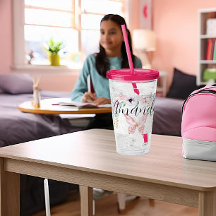 Pastel floral and butterfly personalised  acrylic tumbler