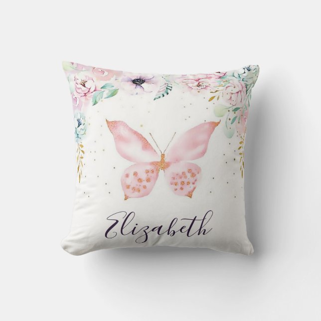 Pastel floral and butterfly personalised cushion (Front)