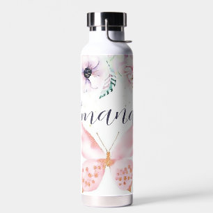 Pastel floral and butterfly personalised water bottle