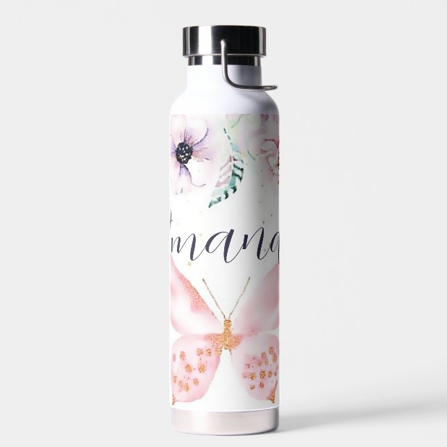 Pastel floral and butterfly personalised water bottle (Left)