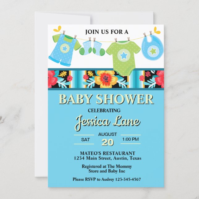 Pastel Floral and Plaid Boy Baby Shower Invitation (Front)