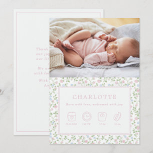 Pastel Floral Baby Birth Announcement Photo Card 
