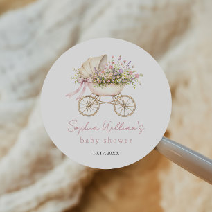 Pastel Floral Baby Carriage Girl Baby Shower Classic Round Sticker