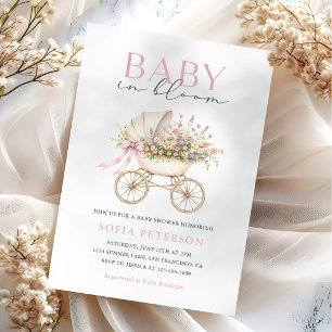 Pastel Floral Baby Carriage Girl Baby Shower Invitation