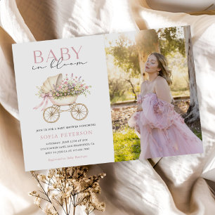 Pastel Floral Baby Carriage Girl Baby Shower Photo Invitation