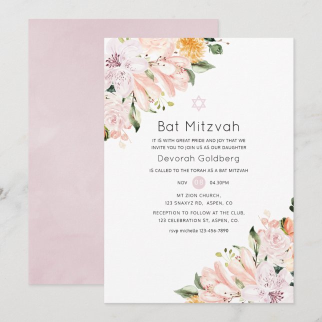 Pastel Floral Bat Mitzvah Invitation (Front/Back)