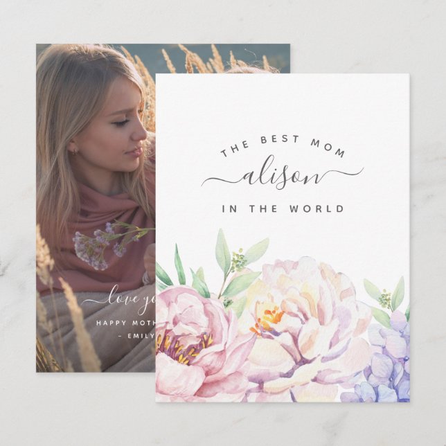 Pastel Floral Best Mum Personalised Photo Card (Front/Back)