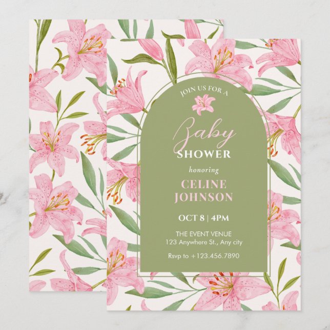 Pastel floral bloom lily pink green baby shower invitation (Front/Back)
