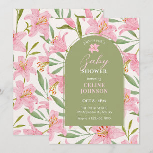Pastel floral bloom lily pink green baby shower invitation