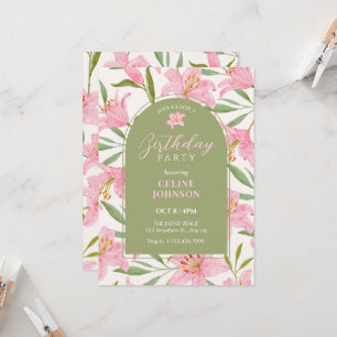 Pastel floral bloom lily pink green birthday invitation