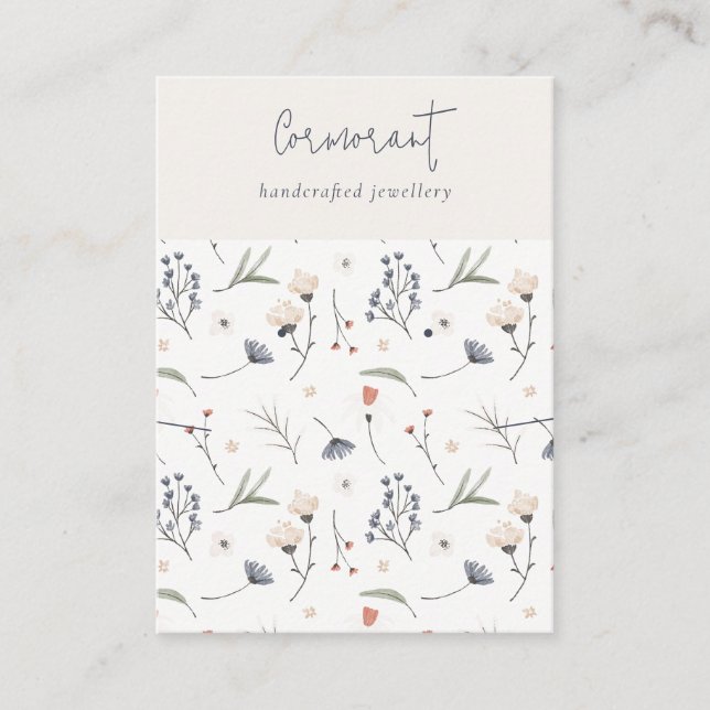 Pastel Floral Blue Rust Script Earring Necklace Business Card (Front)