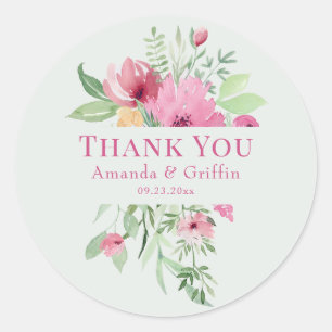 Pastel Floral Bouquet "Thank You" Classic Round Sticker