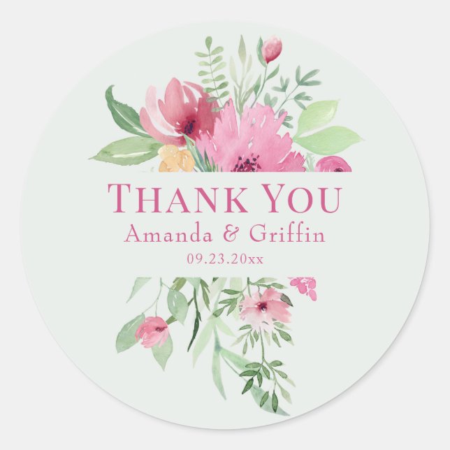 Pastel Floral Bouquet "Thank You" Classic Round Sticker (Front)