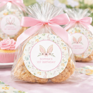Pastel Floral Bunny Ears Girls 1st Birthday Favor  Classic Round Sticker