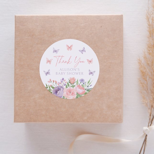 Pastel Floral Butterfly Baby Shower Classic Round Sticker (Creator Uploaded)