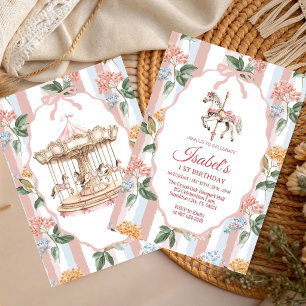 Pastel Floral Carousel Watercolor girl Birthday  Invitation