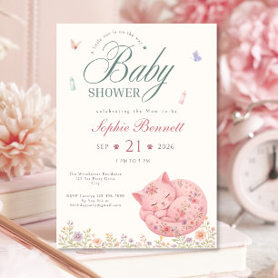 Pastel Floral Cat Baby Shower Invitation for Girls