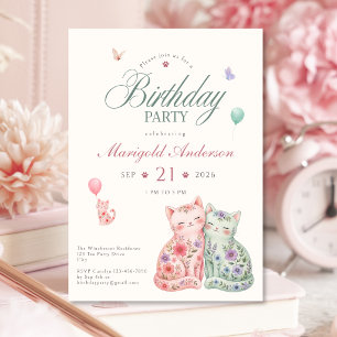 Pastel Floral Cat Birthday Invitation for Girls