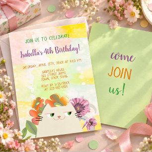 Pastel Floral Cat Kids Birthday Invitation