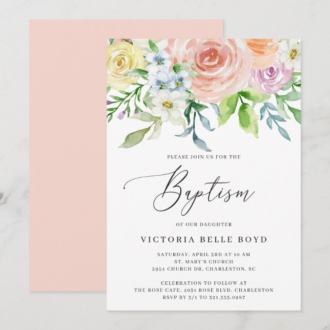 Pastel Floral Coral Peach Baby Girl Baptism Invitation (Front/Back)
