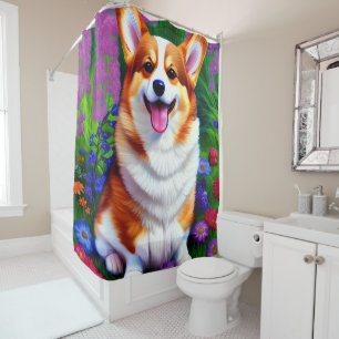 Pastel Floral Corgi Shower Curtain