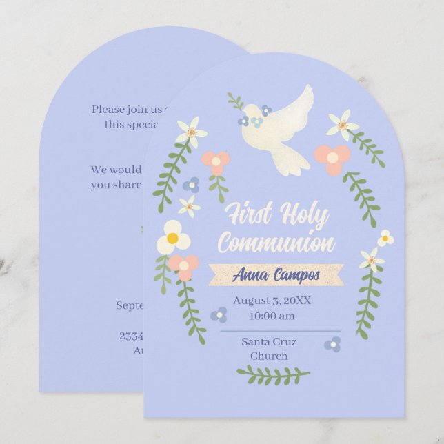 Pastel Floral Dove First Communion Invitation (Front/Back)