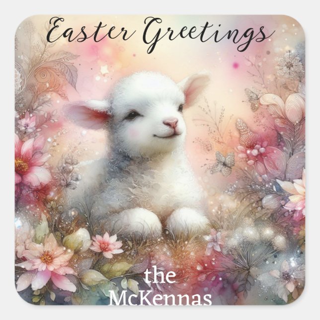 Pastel Floral Easter Greetings Watercolor Lamb Square Sticker (Front)